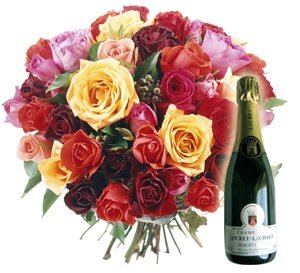 Livraison fleurs saint valentin - Bouquet de roses et bouteille de champagne